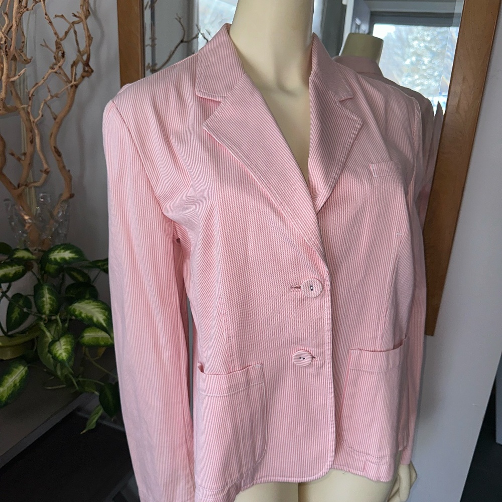 NWT Talbots Pink Stretch Cotton Seersucker Railroad Pinstripe Button Blazer 12